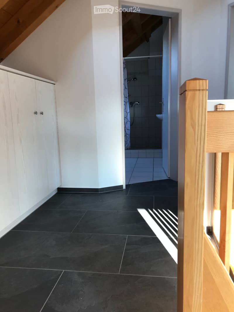A modern hallway with dark tiled flooring, white walls, and a wooden staircase leading to an attic space. A partially visible bathroom with a shower and sink is seen at the end of the hallway.
