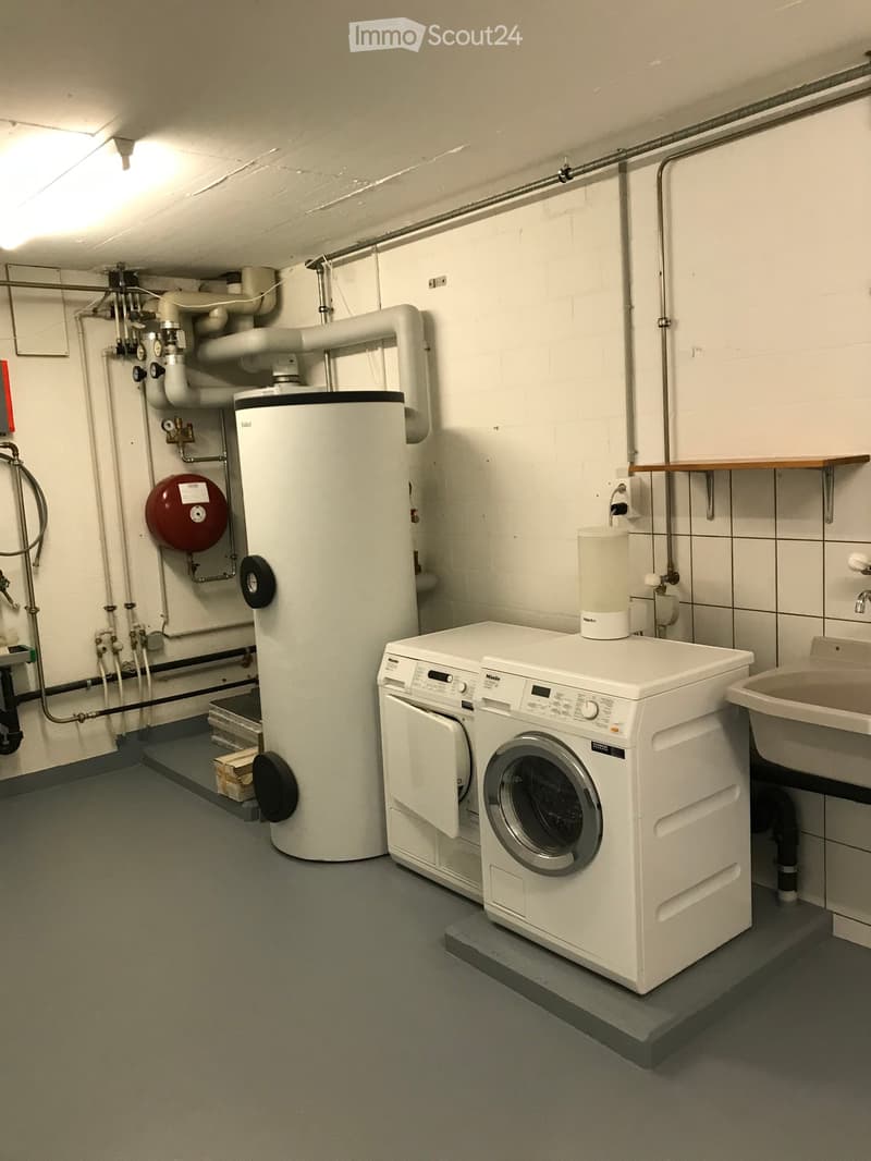 Utility room with a washing machine, water heater, and sink, surrounded by exposed pipes and a tiled wall.