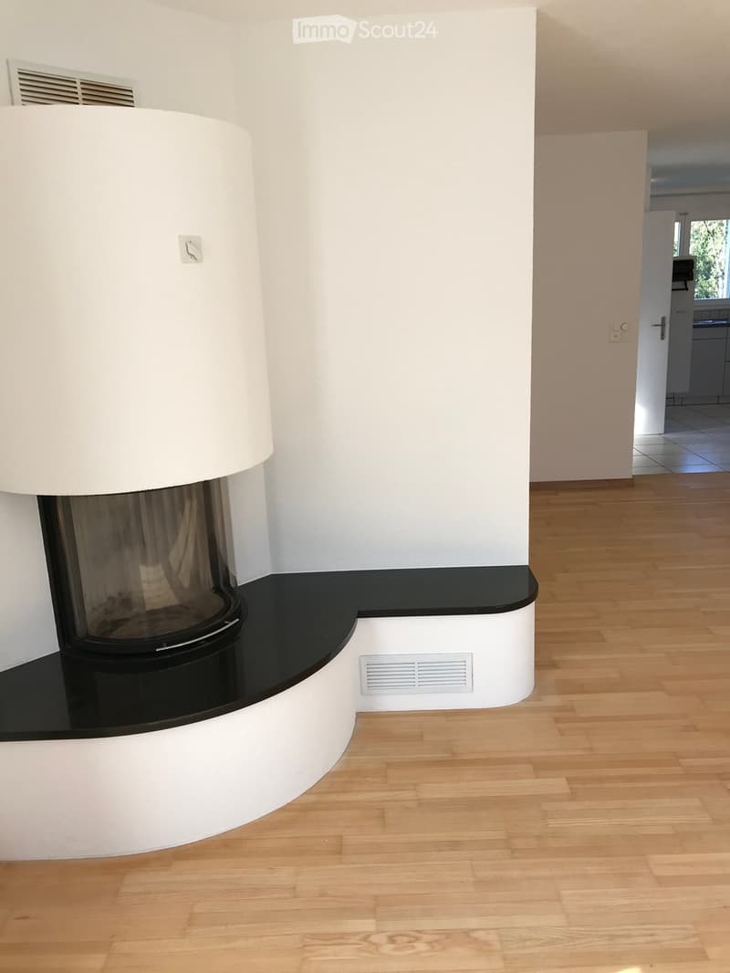 Modern hallway with light wooden flooring, white walls, and a built-in white fireplace with a black surround. A small vent is visible on the wall near the fireplace.