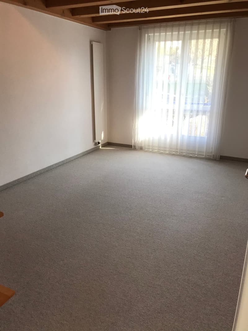 Empty room with light-colored walls, carpeted floor, and a window with sheer curtains.