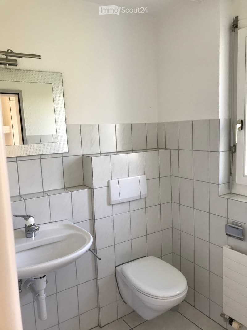 Modern bathroom with white tiles, a sink, a toilet, a mirror, and a light fixture above the sink.