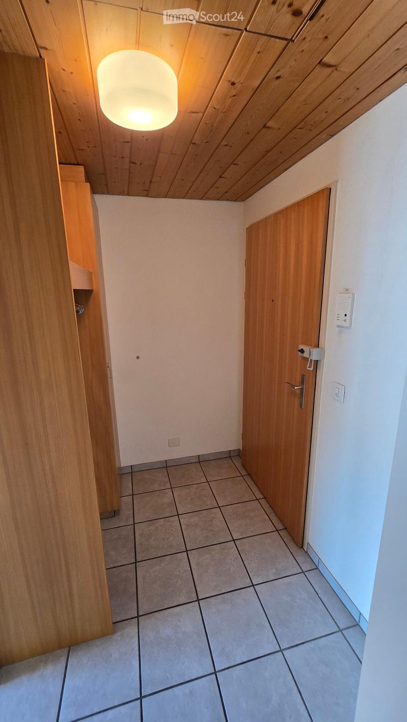 A narrow hallway with tiled flooring, wooden doors, and a pendant light fixture on the ceiling.