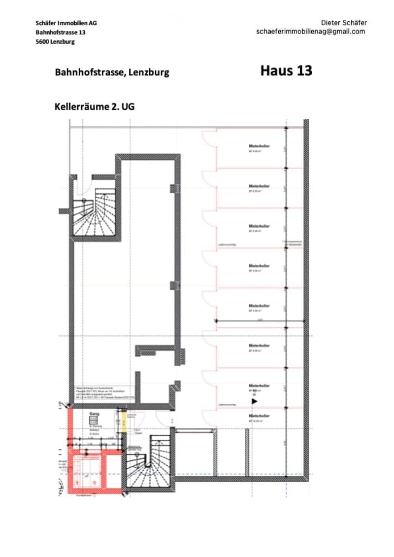Floor plan of a basement level (Kellerräume 2. UG) showing multiple storage rooms (Mietschälter) and a garage area.