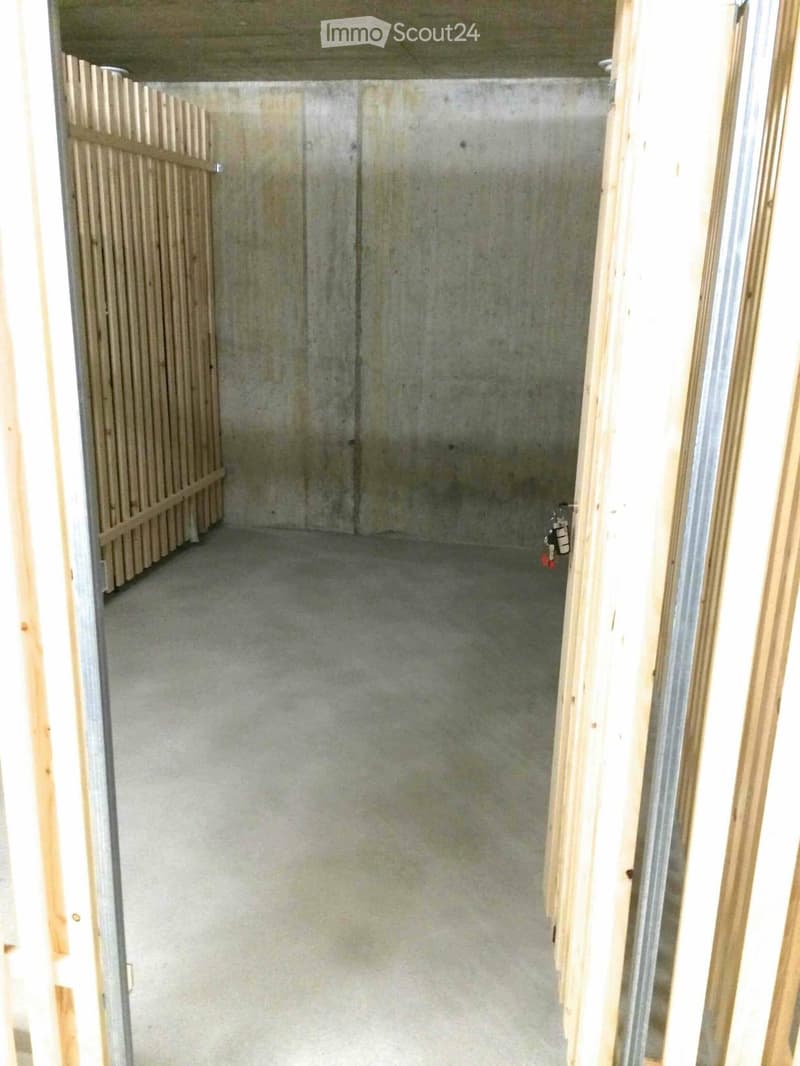Empty room with concrete walls and floor, wooden door frame visible on the right side, and a small wooden barrier on the left side.