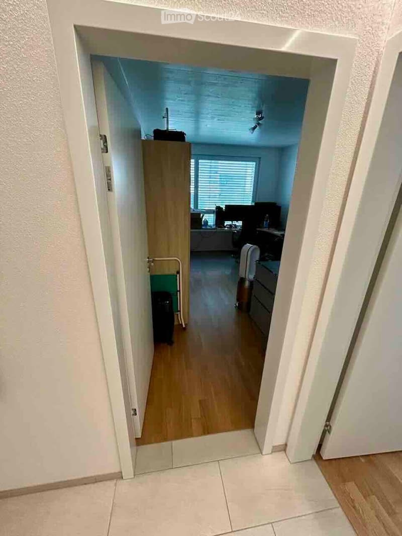 A narrow hallway with light-colored walls and wooden flooring, leading to a room with a window and some furniture visible in the background.