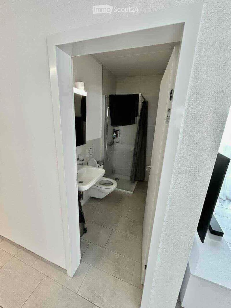 Modern bathroom with white tiled walls and floor, featuring a sink, toilet, mirror, and a glass-enclosed shower with a dark towel.