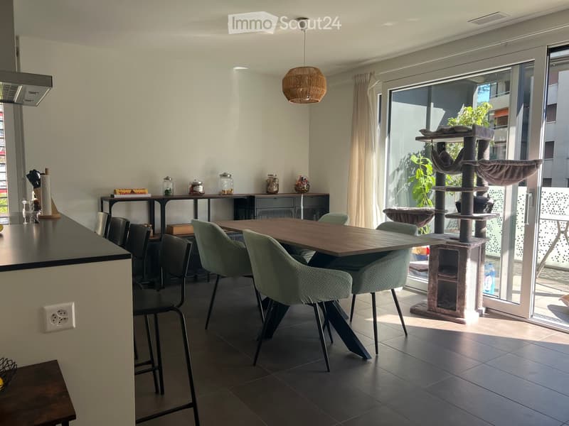 Open-plan living and dining area with a wooden dining table, green chairs, a cat tree, and a kitchen counter with utensils and jars.