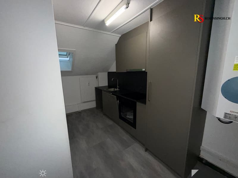 Modern kitchen with dark cabinets, a sink, and a radiator. The space is well-lit with a skylight and features a sleek, contemporary design.