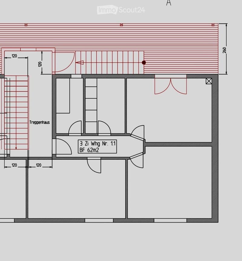 Floor plan of a 3-room apartment (3 Zi Whg Nr. 1.1) with a total area of 62m², including a staircase area (Treppenhaus).
