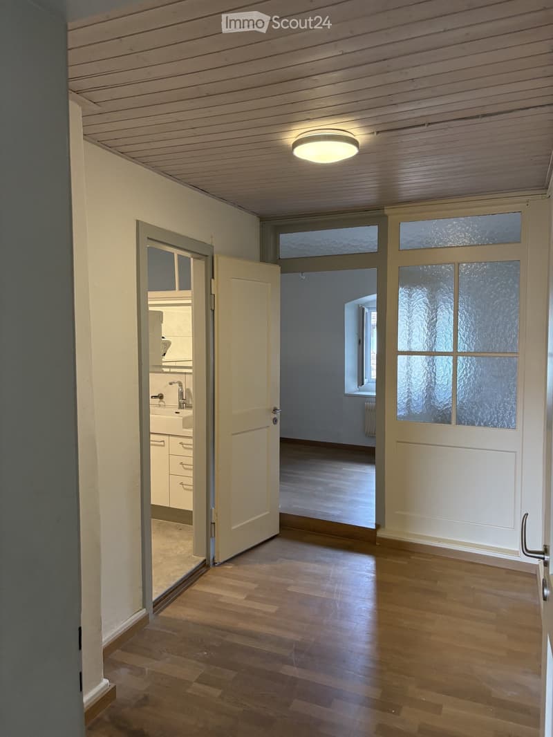 Bright hallway with wooden flooring, white walls, and recessed lighting. Doors lead to a bathroom and another room, with frosted glass windows on one side.