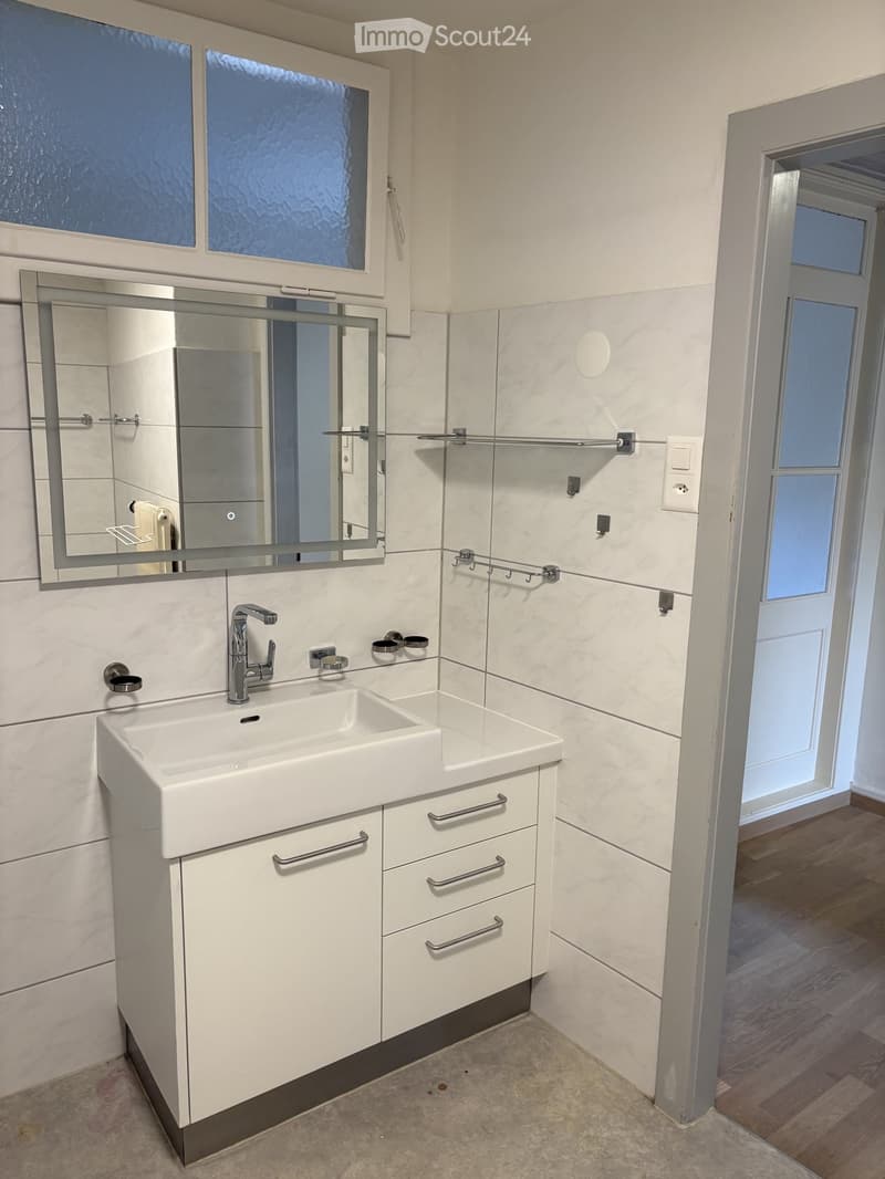 Modern bathroom with a white sink, chrome faucet, large mirror, white cabinet with silver handles, and a radiator visible in the background.