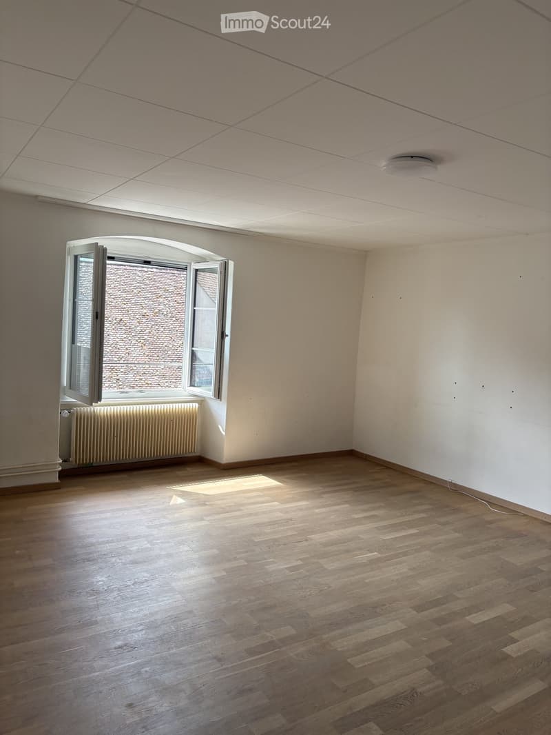 Empty room with wooden flooring, white walls, and a large arched window with a radiator below it.