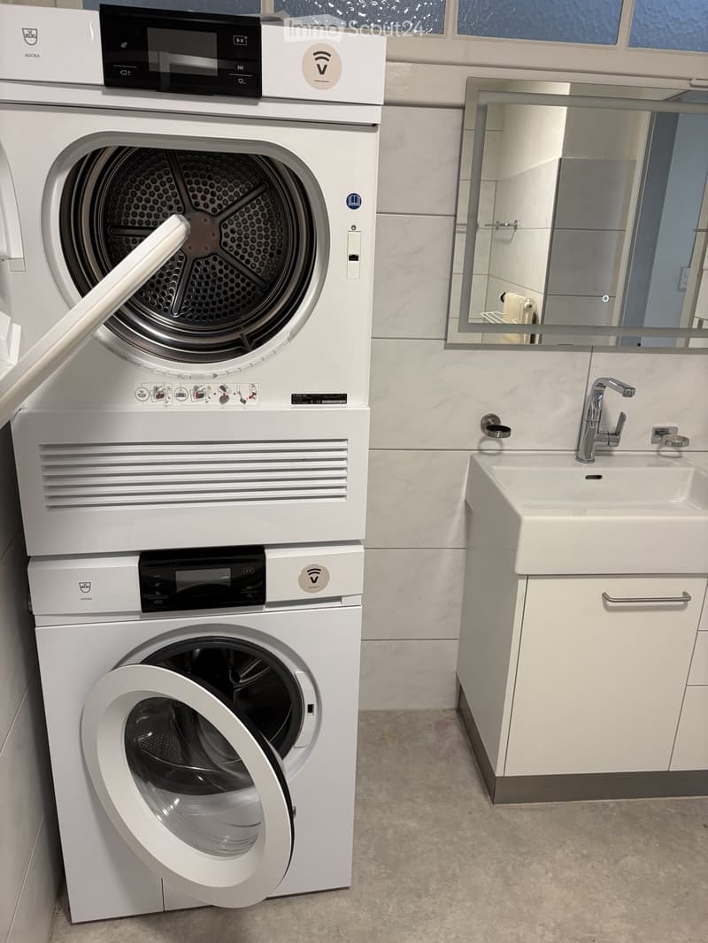 Modern bathroom with a white sink, faucet, mirror, and a stacked washing machine and dryer unit.