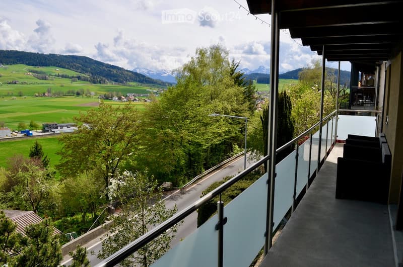 glass railing, metal railing, black chairs, road, trees, mountains, sky