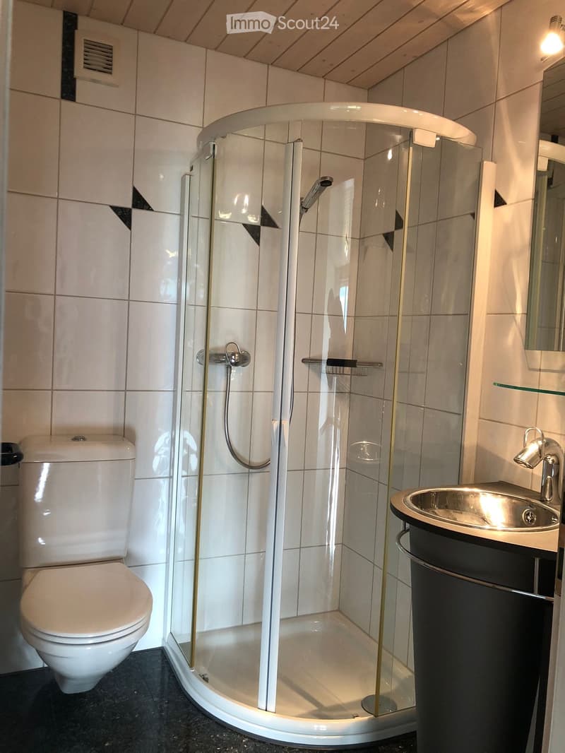Modern bathroom with white tiled walls, a corner shower with glass enclosure, a toilet, and a sink with a modern faucet.