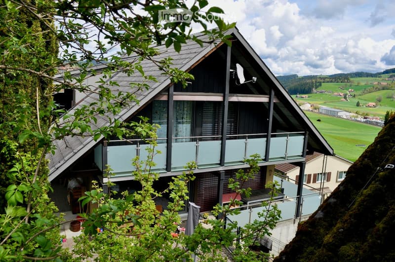2 story house, gray roof, glass balconies, satellite dish, surrounded by trees and plants