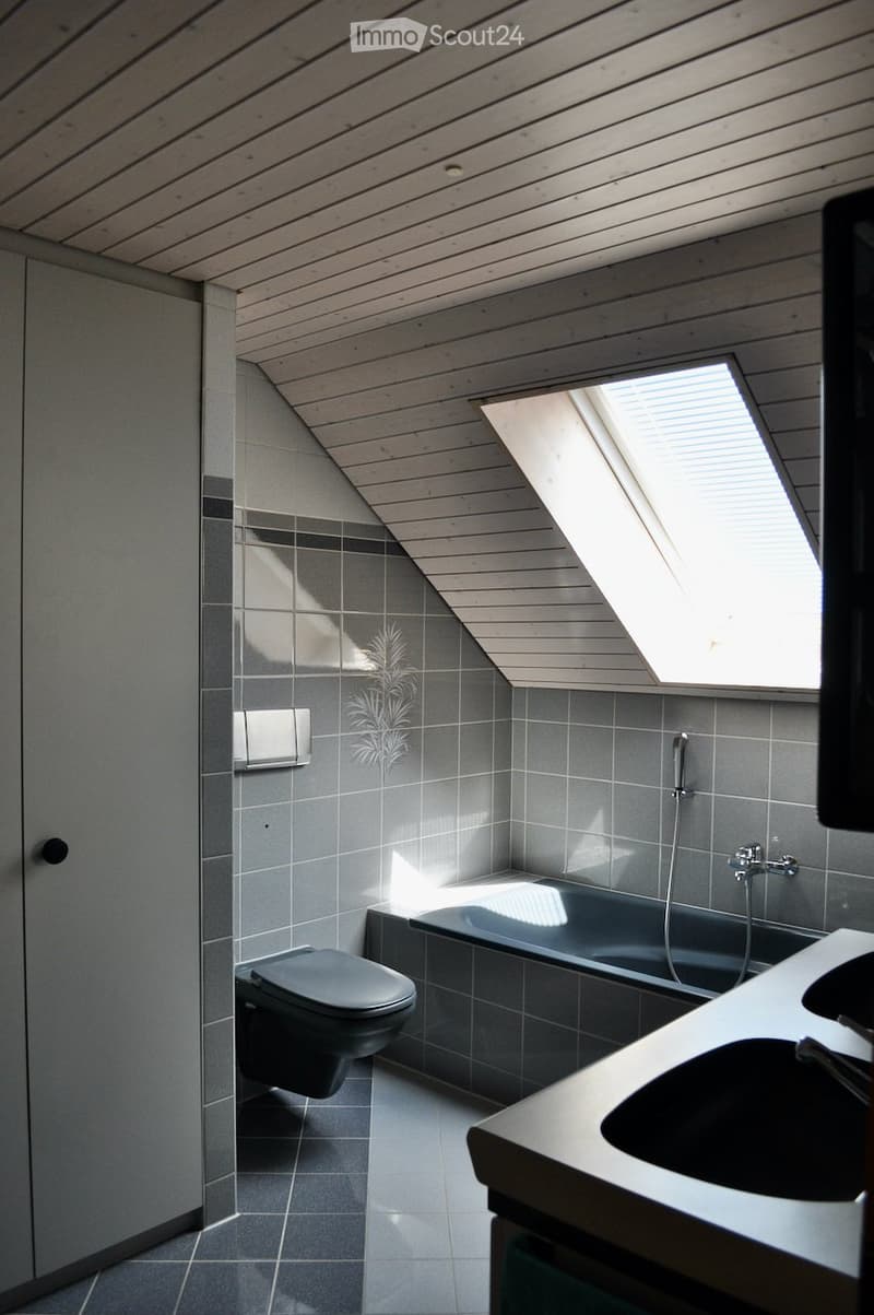 Bathroom with bathtub, toilet, sink, and a skylight