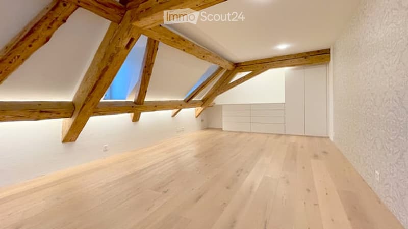 Bright, empty room with wooden floors, exposed wooden beams, and built-in white closet units. Skylight windows provide natural light.