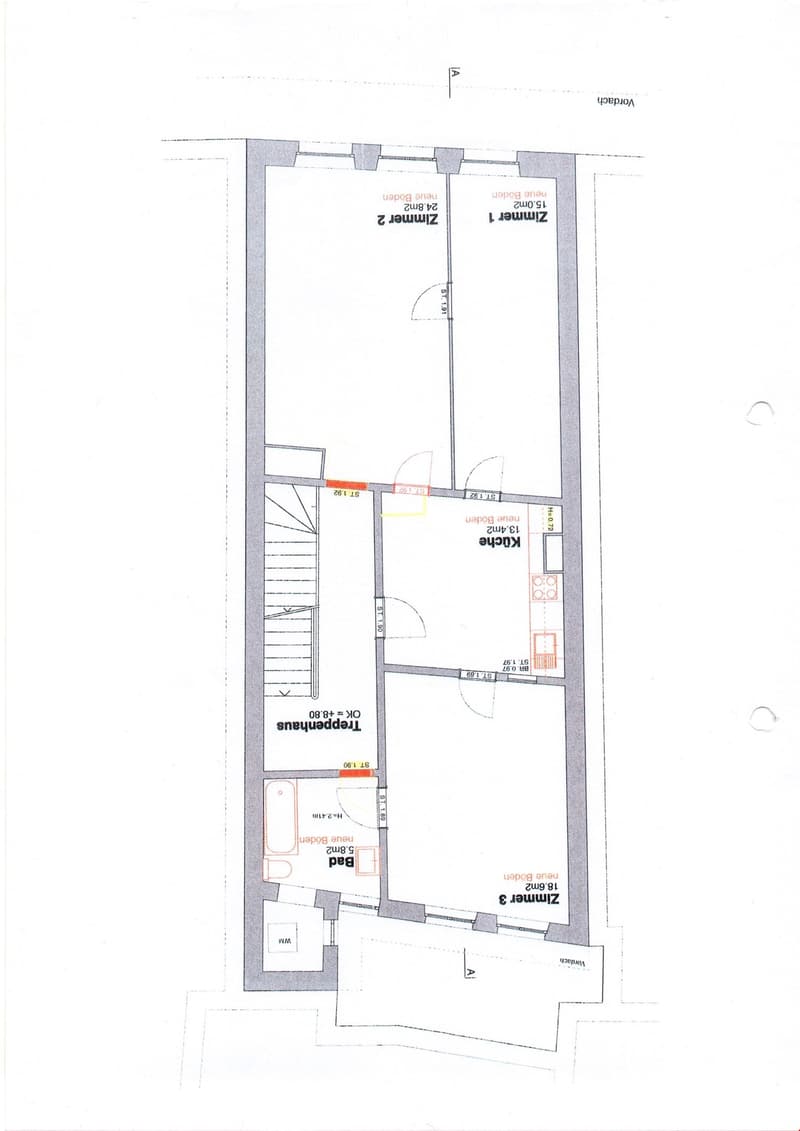Floor plan showing three bedrooms, two bathrooms, kitchen, living room, and hallway.