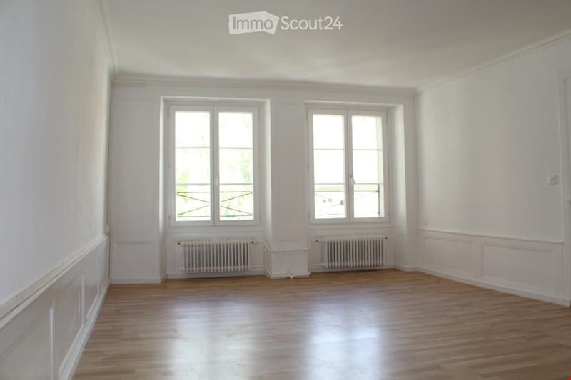 Empty room with wooden flooring, white walls, and two large windows with radiators beneath them.