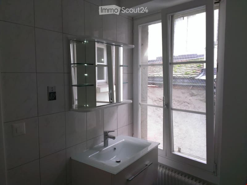 Modern bathroom with a white sink, mirrored cabinet, and large window offering a view of the outdoor area.