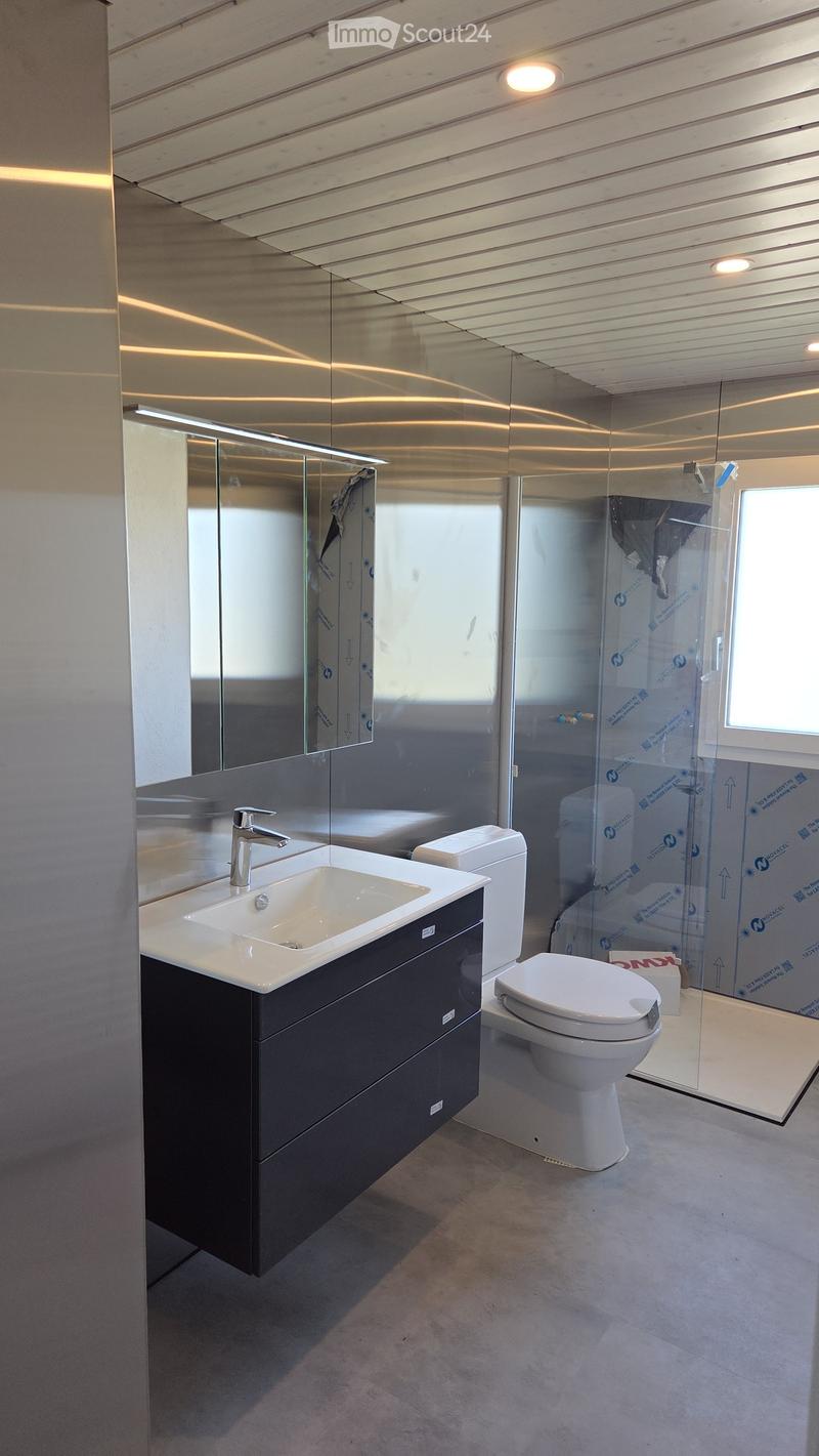 Modern bathroom with a white sink, chrome faucet, black vanity, and a white toilet. A glass shower enclosure is visible with protective film on the glass.