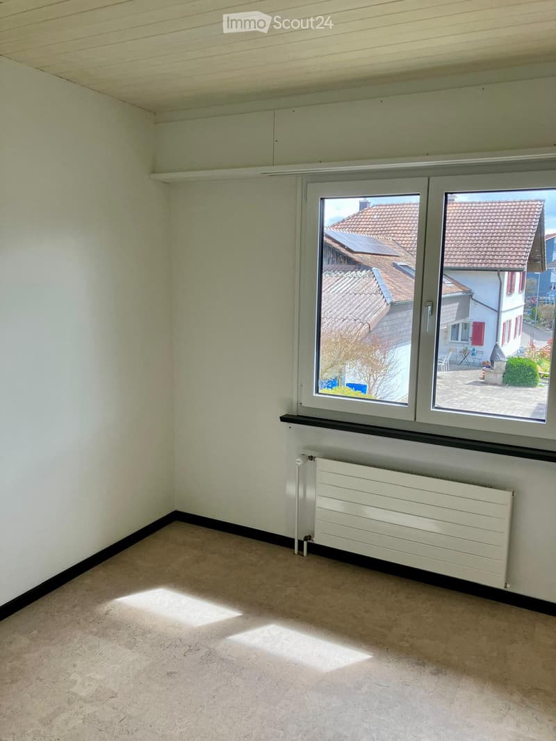 Empty room with light-colored walls, carpeted floor, large window with view of neighboring houses, and a white radiator below the window.