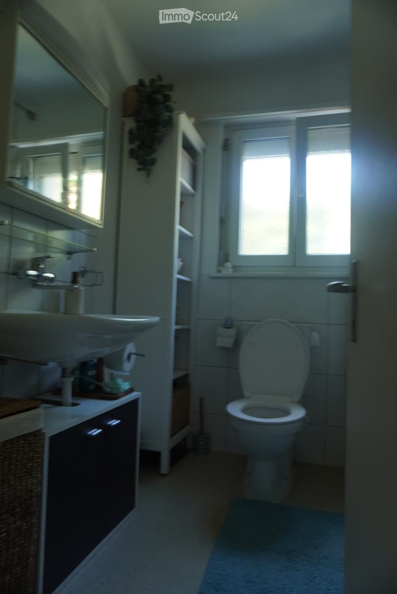 Bathroom with a white sink, toilet, cabinet, mirror, and window. Includes a small shelf with decorative items and a wicker basket on the floor.