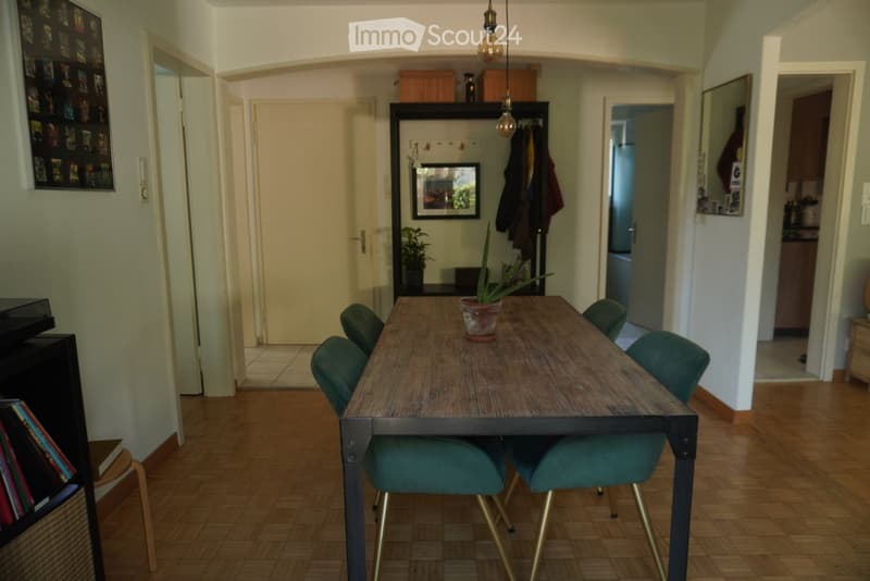 Dining area with a wooden table, green chairs, potted plant, bookshelf, mirror, and picture frame.