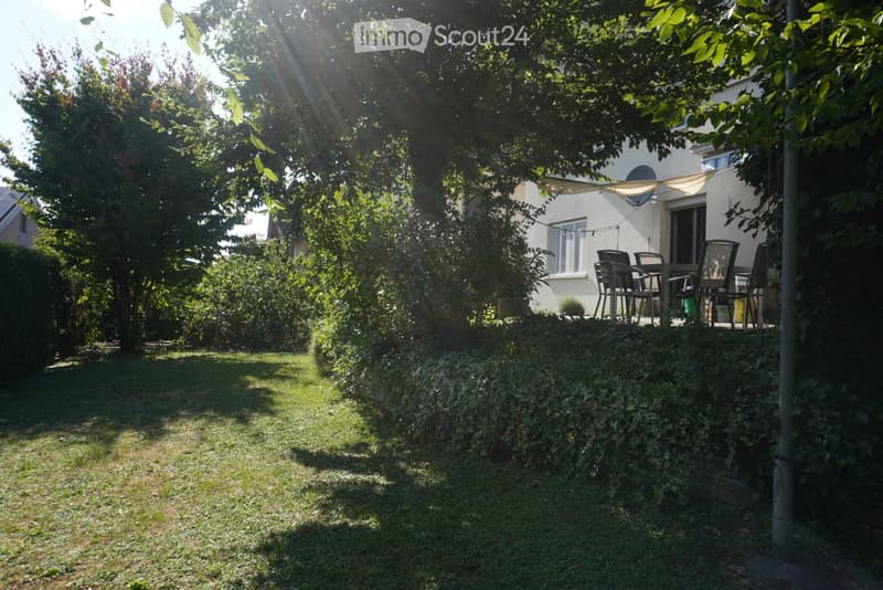 A sunny garden with a well-maintained lawn, surrounded by trees and shrubs, with a patio area featuring outdoor furniture near the house.