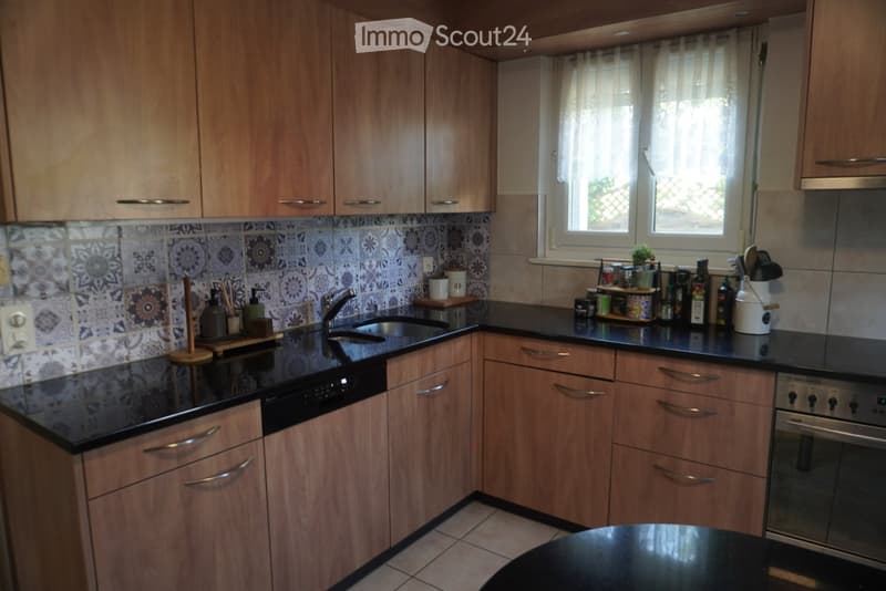 Modern kitchen with wooden cabinets, black countertop, sink, dishwasher, and various kitchen items on the counter.