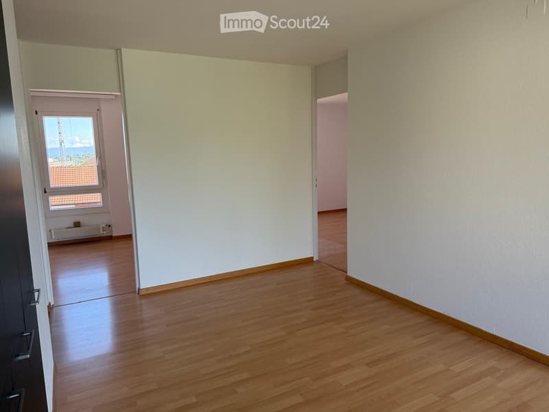 Empty hallway with wooden flooring and white walls, featuring a door with a window leading to another room.