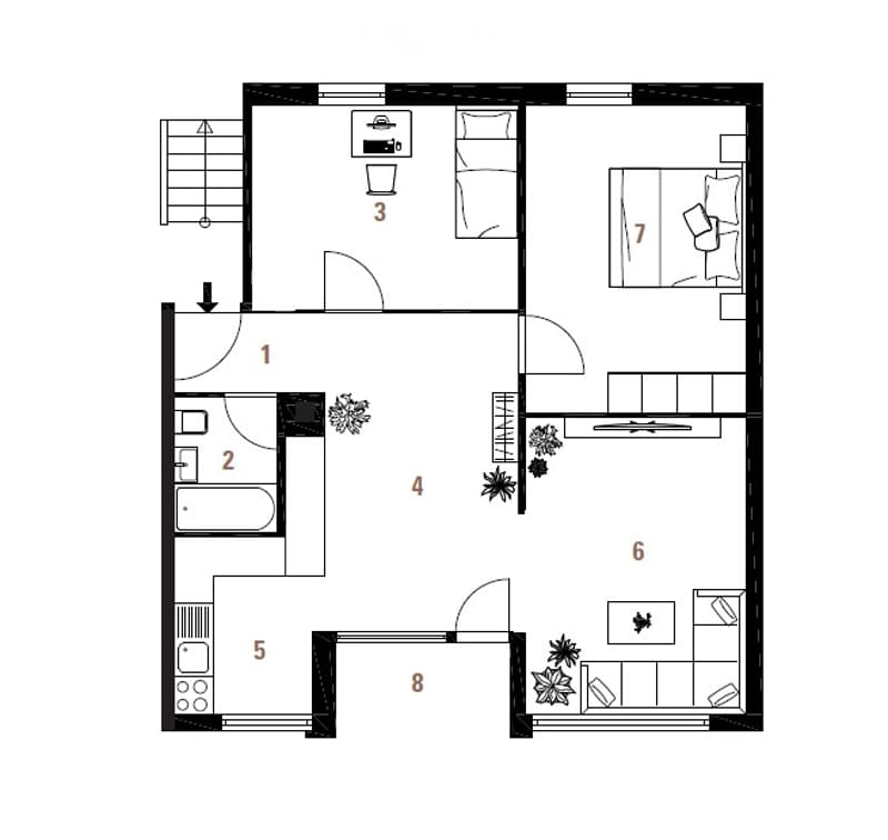 Floor plan of a 2-bedroom apartment with a living room, dining area, kitchen, and two bathrooms.