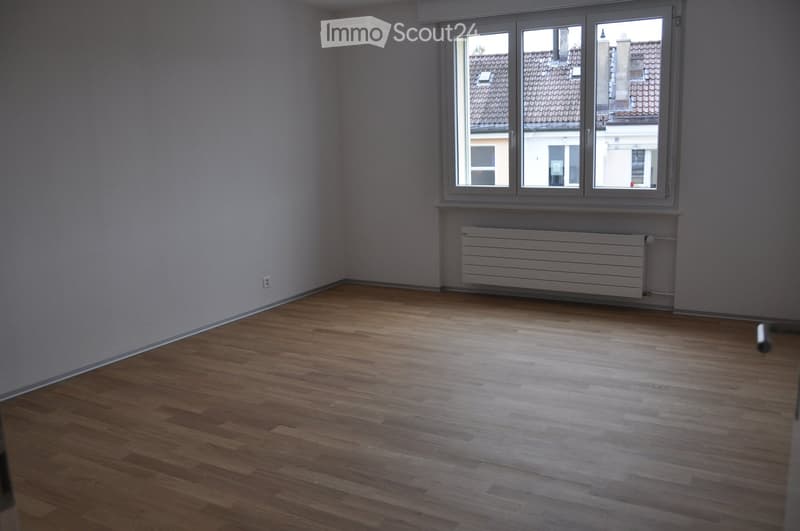 Empty room with wooden flooring, light grey walls, a large window with a radiator below, and an electrical outlet on the wall.