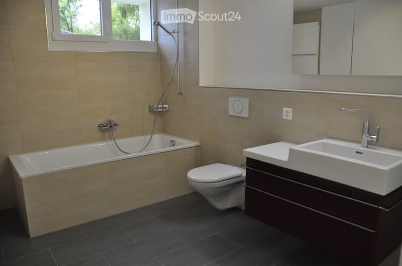 Modern bathroom with a bathtub, toilet, sink, and mirror. Features tiled walls and dark flooring.