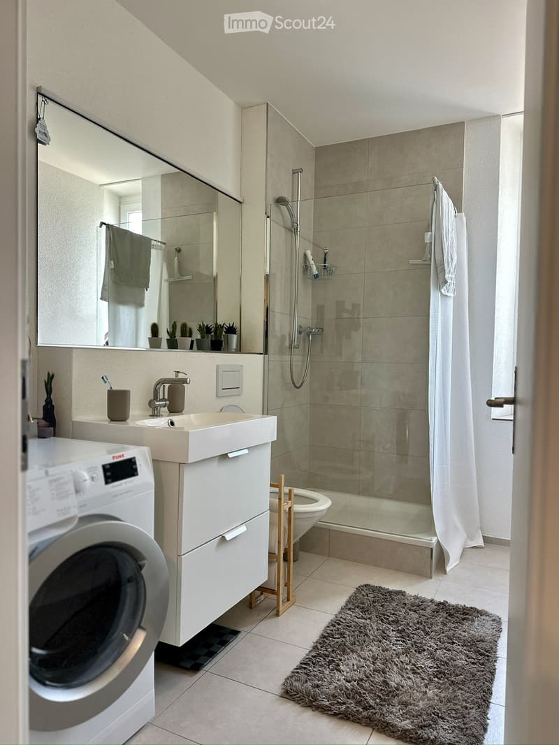 Modern bathroom with a white sink, mirror, shower area, washing machine, and a fluffy grey rug on the floor.