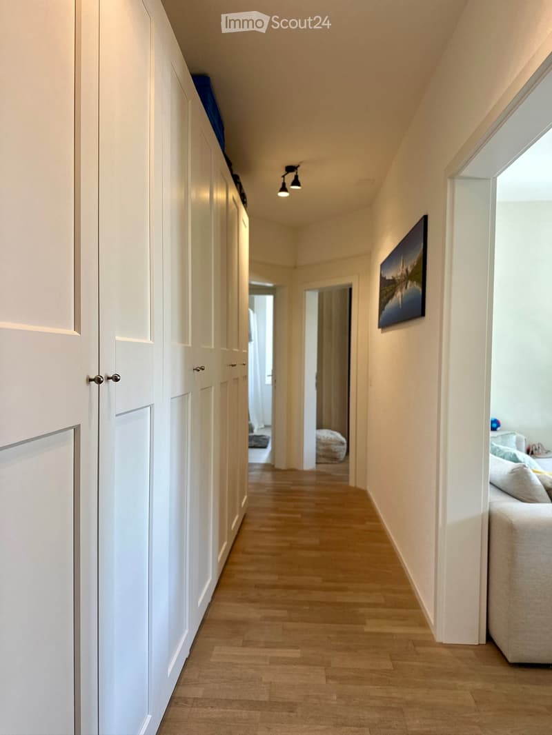 A narrow hallway with wooden flooring, white walls, built-in white cabinets on one side, and recessed lighting. A painting hangs on the wall, and a glimpse of a living area with a sofa and pillows is visible at the end of the hallway.