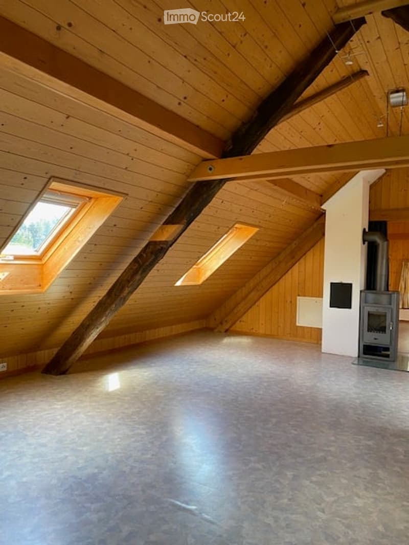 Bright, empty attic space with wooden beams, skylights, and a fireplace. No furniture or equipment present.