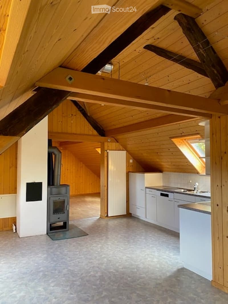 Open-plan attic space with exposed wooden beams, kitchen area with white cabinets, sink, and faucet, and a fireplace with a wooden floor.