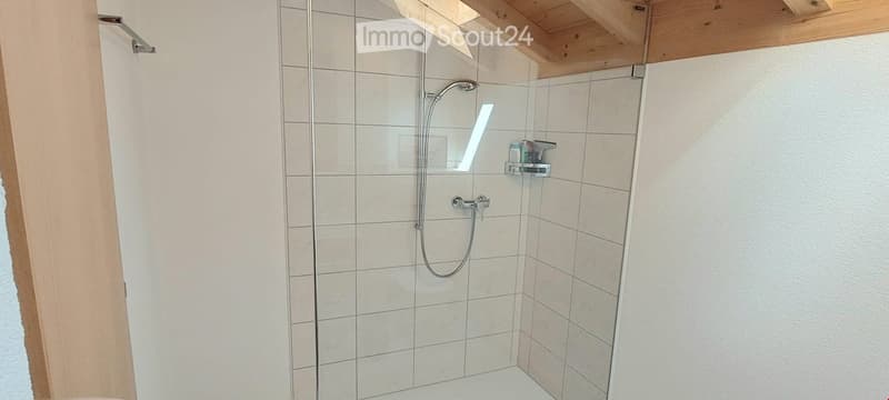 Bathroom. Modern walk-in shower with glass enclosure, tiled walls, and a built-in shelf for toiletries.