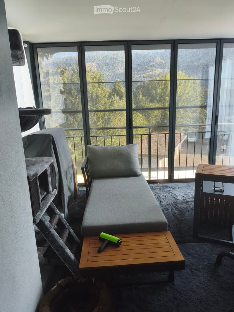 Balcony with large windows offering a view, featuring a grey sofa, wooden coffee table, cat tree, and side table.