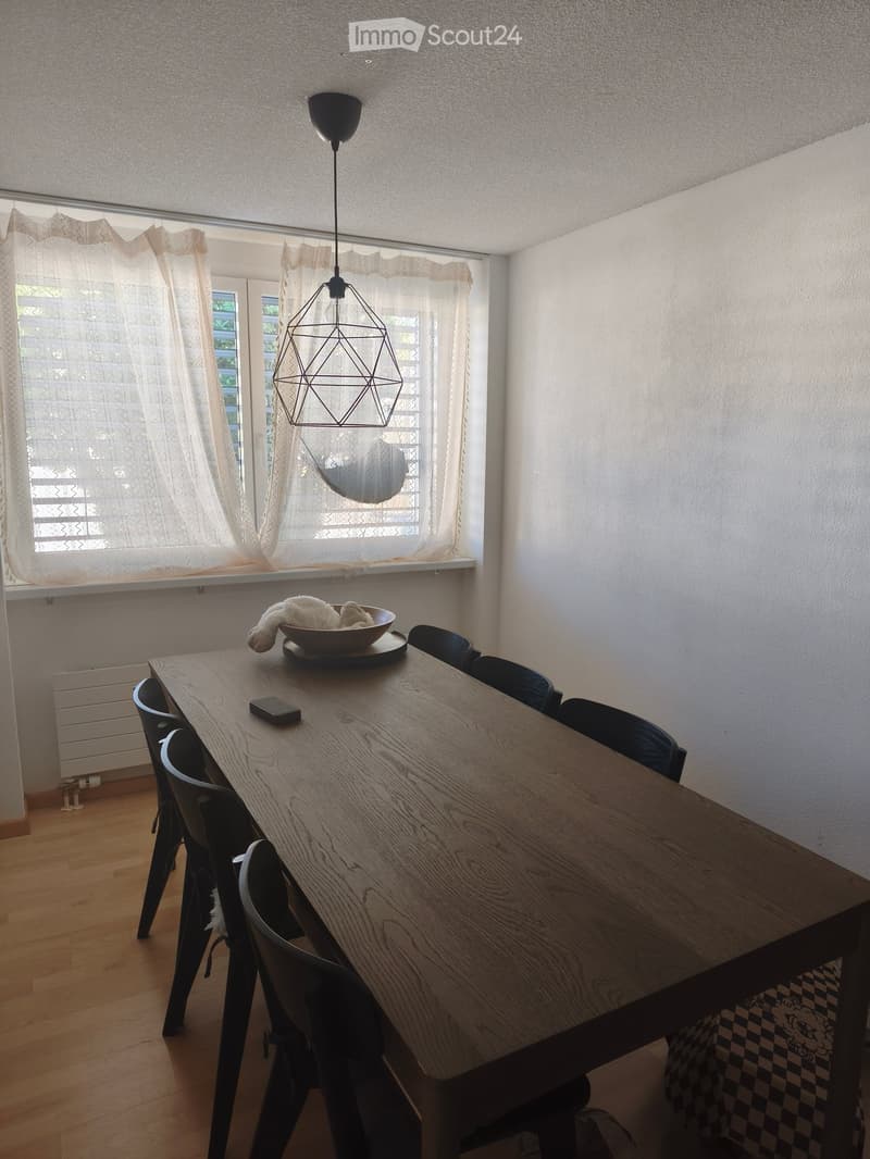 Bright kitchen with wooden table, black chairs, bowl with stuffed animal, pendant light, and large window with curtains.