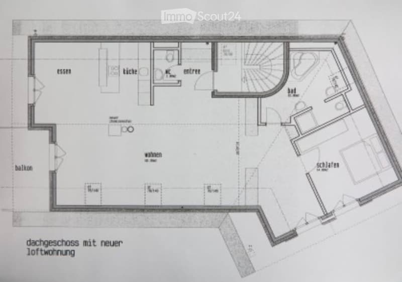 Floor plan showing a multi-room layout including a living area, kitchen, bedroom, bathroom, and balcony.