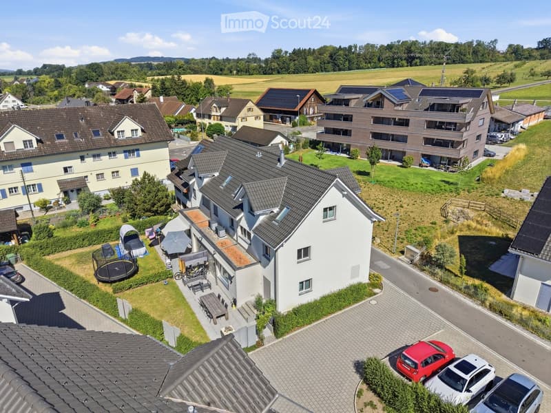 Aerial view of a residential neighborhood with multiple houses, gardens, and parked cars. The houses have varied architectural styles and are surrounded by greenery and open spaces.