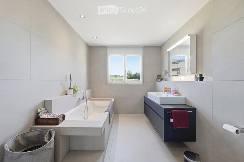 Modern bathroom with a large bathtub, a sink with a cabinet, a mirror, and a window offering a view of greenery. The space includes a towel, a trash bin, and decorative plants.
