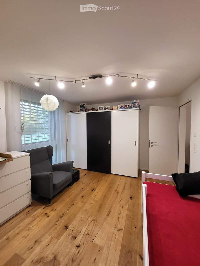 modern minimalist room, wooden floor, ceiling track lights, white wardrobe, gray armchair, bed with red cover