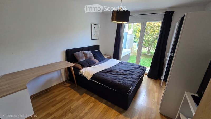 Modern bedroom with wooden flooring, a large bed with dark bedding, a nightstand, a small wooden table, and a large window with curtains leading to a balcony.