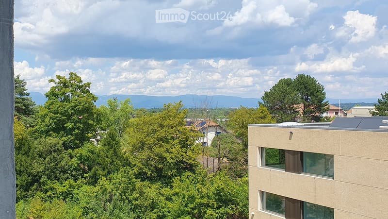 View from a balcony showing a modern building with large windows, surrounded by lush green trees and distant mountains under a partly cloudy sky.