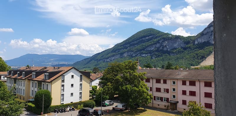 Residential buildings with multiple stories, surrounded by trees and mountains under a partly cloudy sky.
