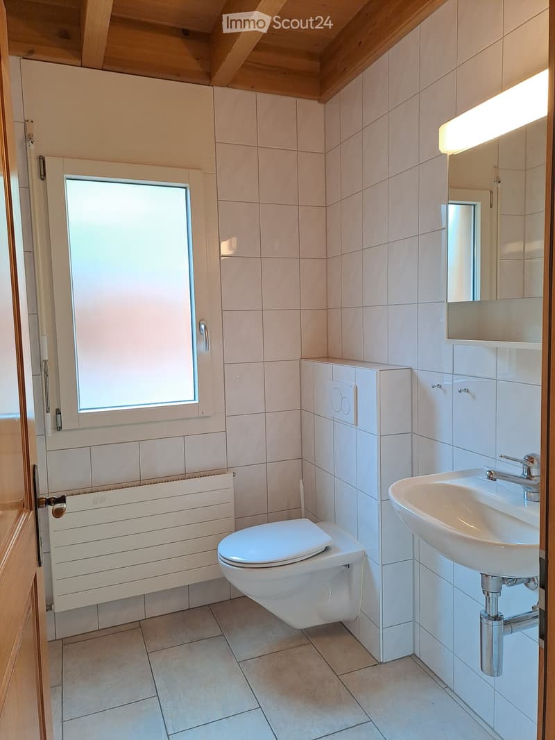 Modern bathroom with white tiles, a toilet, a sink with a chrome faucet, a mirror, and a radiator. The room features a skylight window and a wooden ceiling.